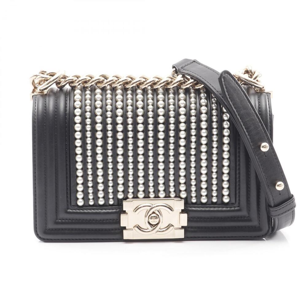 Chanel Boy Shoulder Bag Lambskin Sheepskin Leather Faux Pearl Black Ivory White